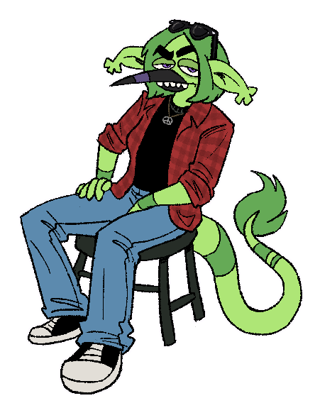 An alien gryphon teen sitting with a skeptical look