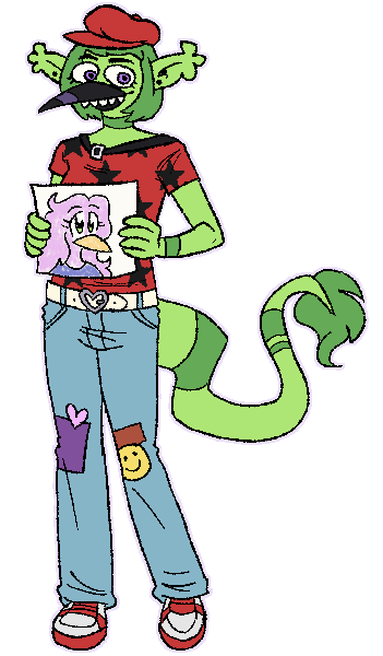 An alien gryphon tween holding a drawing of an anime-styled bird woman