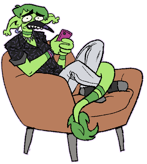 An alien gryphon sitting anxiously in a chair, holding their phone